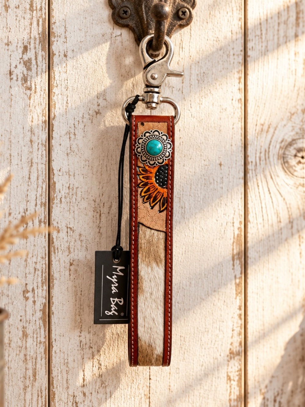 Myra Bag Tooled Leather Key Fob Wristlet Floral Orange Brown Western Cowhide